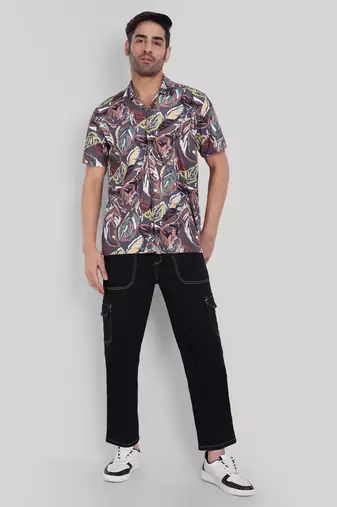 Stysure geometric zig-zag line shirt, short sleeve dusk violet brown complex pattern cuban collar casual shirts