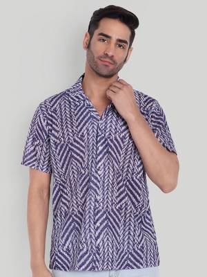 Stysure chevron stripe shirt, short sleeve blue & white zigzag pattern cuban collar, regular fit casual shirts 1