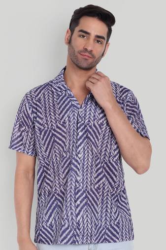 Stysure chevron stripe shirt, short sleeve blue & white zigzag pattern cuban collar, regular fit casual shirts