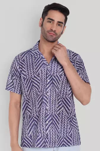Stysure chevron stripe shirt, short sleeve blue & white zigzag pattern cuban collar, regular fit casual shirts