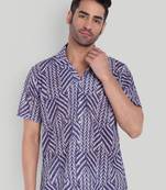 Stysure chevron stripe shirt, short sleeve blue & white zigzag pattern cuban collar, regular fit casual shirts