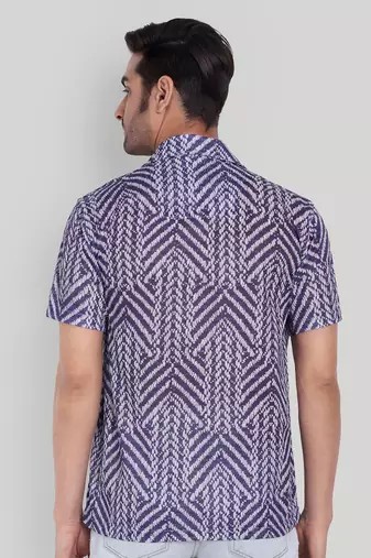 Stysure chevron stripe shirt, short sleeve blue & white zigzag pattern cuban collar, regular fit casual shirts