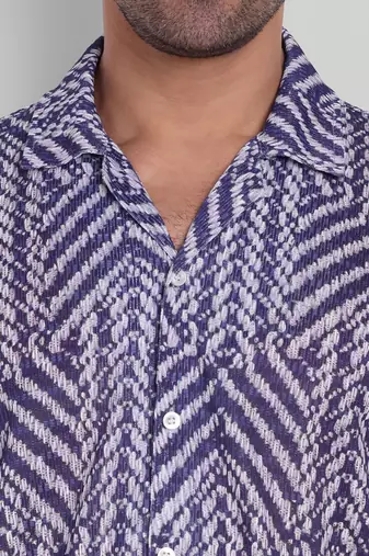 Stysure chevron stripe shirt, short sleeve blue & white zigzag pattern cuban collar, regular fit casual shirts