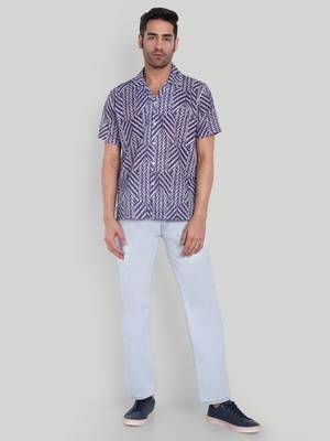 Stysure chevron stripe shirt, short sleeve blue & white zigzag pattern cuban collar, regular fit casual shirts 4