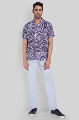 Stysure chevron stripe shirt, short sleeve blue & white zigzag pattern cuban collar, regular fit casual shirts