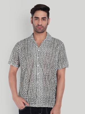 Stysure leaf shape botanical shirt, short sleeve olive green white leaf print cuban collar, regular fit casual shirts 1