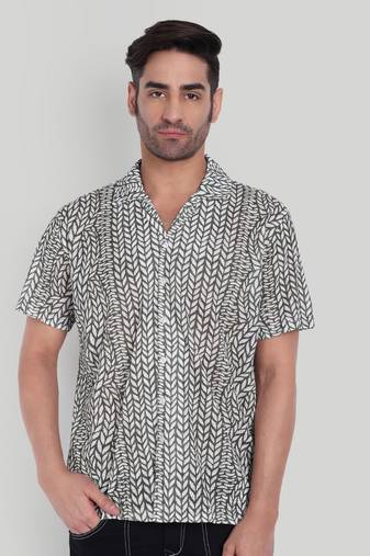 Stysure leaf shape botanical shirt, short sleeve olive green white leaf print cuban collar, regular fit casual shirts