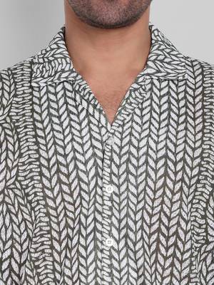 Stysure leaf shape botanical shirt, short sleeve olive green white leaf print cuban collar, regular fit casual shirts 3