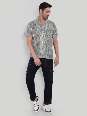 Stysure leaf shape botanical shirt, short sleeve olive green white leaf print cuban collar, regular fit casual shirts 4