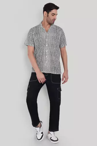 Stysure leaf shape botanical shirt, short sleeve olive green white leaf print cuban collar, regular fit casual shirts