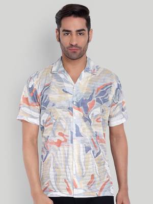 Stysure abstract color patch shirt, short sleeve blue & beige tonal cuban collar, regular fit casual shirts 1