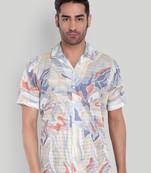 Stysure abstract color patch shirt, short sleeve blue & beige tonal cuban collar, regular fit casual shirts