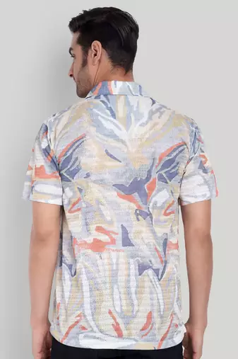 Stysure abstract color patch shirt, short sleeve blue & beige tonal cuban collar, regular fit casual shirts