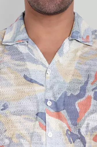 Stysure abstract color patch shirt, short sleeve blue & beige tonal cuban collar, regular fit casual shirts