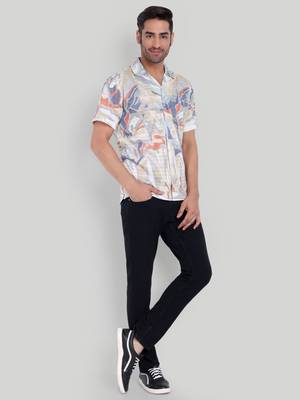 Stysure abstract color patch shirt, short sleeve blue & beige tonal cuban collar, regular fit casual shirts 4