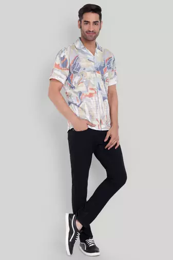 Stysure abstract color patch shirt, short sleeve blue & beige tonal cuban collar, regular fit casual shirts