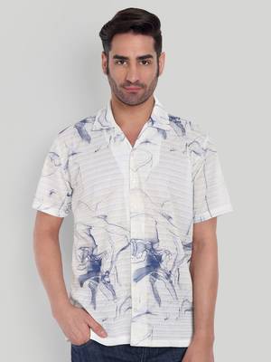 Stysure wavy nautical shirt, short sleeve white & blue stripe cuban collar, regular fit casual shirts 1
