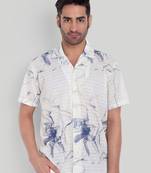 Stysure wavy nautical shirt, short sleeve white & blue stripe cuban collar, regular fit casual shirts