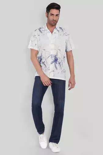 Stysure wavy nautical shirt, short sleeve white & blue stripe cuban collar, regular fit casual shirts