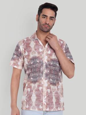 Stysure wavy ombre shirt, short sleeve orange & brown shade line pattern cuban collar, regular fit casual shirts 1