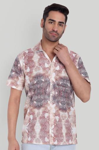 Stysure wavy ombre shirt, short sleeve orange & brown shade line pattern cuban collar, regular fit casual shirts