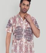 Stysure wavy ombre shirt, short sleeve orange & brown shade line pattern cuban collar, regular fit casual shirts