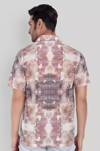 Stysure wavy ombre shirt, short sleeve orange & brown shade line pattern cuban collar, regular fit casual shirts