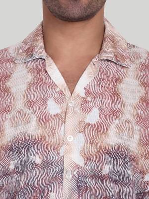 Stysure wavy ombre shirt, short sleeve orange & brown shade line pattern cuban collar, regular fit casual shirts 3