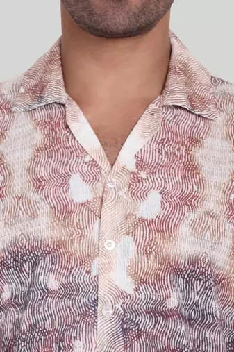 Stysure wavy ombre shirt, short sleeve orange & brown shade line pattern cuban collar, regular fit casual shirts