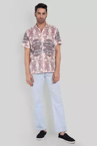 Stysure wavy ombre shirt, short sleeve orange & brown shade line pattern cuban collar, regular fit casual shirts