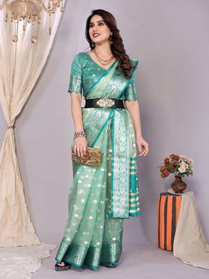Sea green banarasi art-silk saree 3