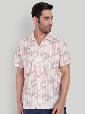 Stysure geometric cube pattern shirt, short sleeve peach pink & white block design cuban collar casual shirts 1