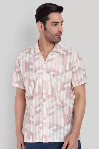 Stysure geometric cube pattern shirt, short sleeve peach pink & white block design cuban collar casual shirts