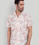 Stysure geometric cube pattern shirt, short sleeve peach pink & white block design cuban collar casual shirts