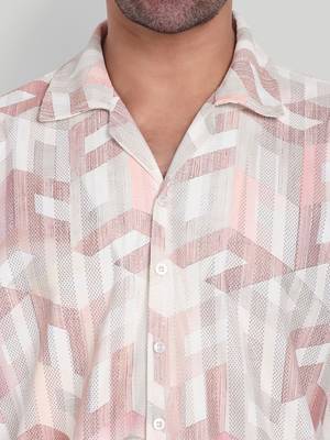 Stysure geometric cube pattern shirt, short sleeve peach pink & white block design cuban collar casual shirts 3