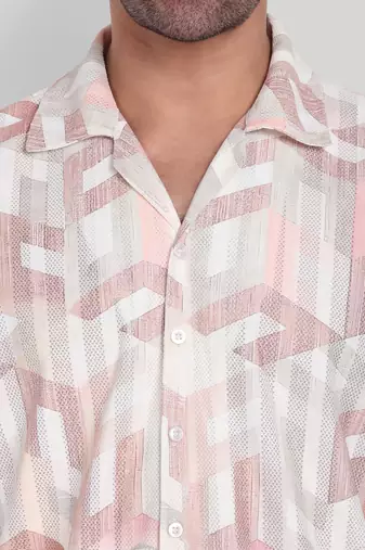 Stysure geometric cube pattern shirt, short sleeve peach pink & white block design cuban collar casual shirts