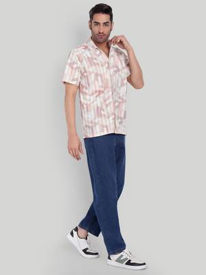Stysure geometric cube pattern shirt, short sleeve peach pink & white block design cuban collar casual shirts 4