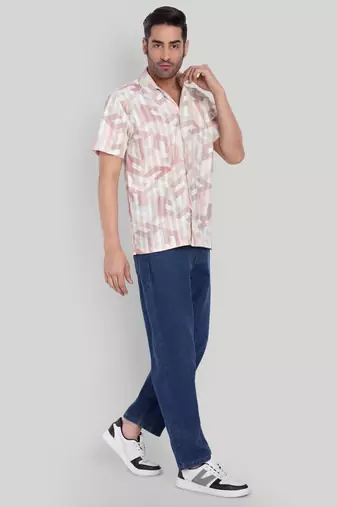 Stysure geometric cube pattern shirt, short sleeve peach pink & white block design cuban collar casual shirts