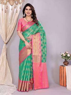 Green-pink banarasi art-silk saree 1