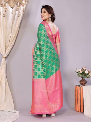 Green-pink banarasi art-silk saree 2