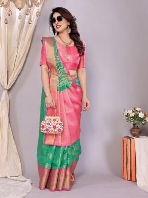 Green-pink banarasi art-silk saree 4