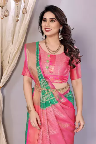 Green-pink banarasi art-silk saree