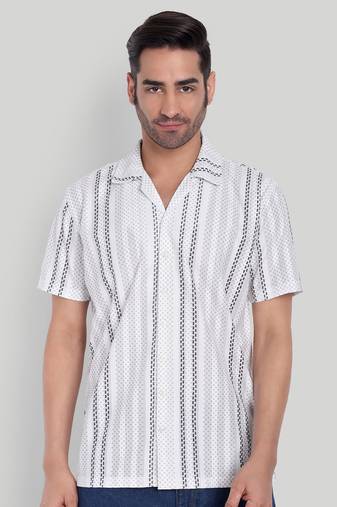 Stysure striped broken line shirt, short sleeve white grey & black textured stripe cuban collar casual shirts