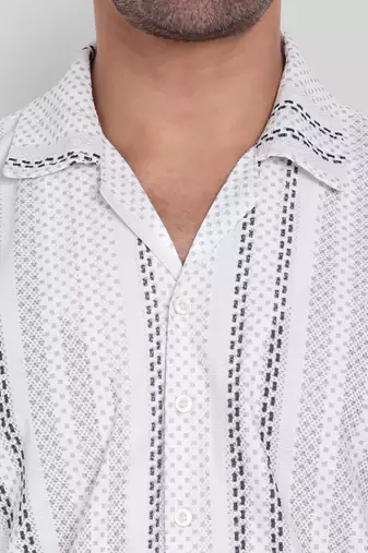 Stysure striped broken line shirt, short sleeve white grey & black textured stripe cuban collar casual shirts