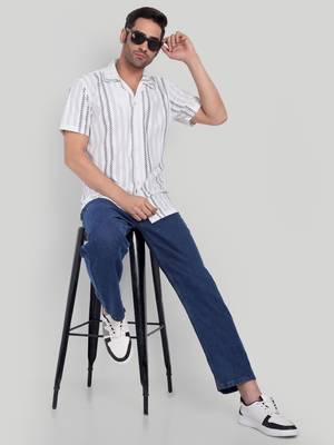 Stysure striped broken line shirt, short sleeve white grey & black textured stripe cuban collar casual shirts 4