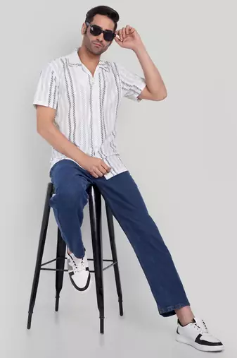 Stysure striped broken line shirt, short sleeve white grey & black textured stripe cuban collar casual shirts