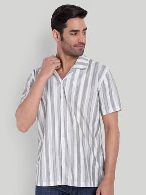 Stysure striped classic shirt, short sleeve grey & white alternating breton stripe cuban collar casual shirts 1
