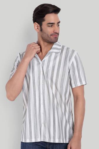 Stysure striped classic shirt, short sleeve grey & white alternating breton stripe cuban collar casual shirts