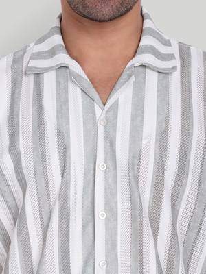 Stysure striped classic shirt, short sleeve grey & white alternating breton stripe cuban collar casual shirts 3