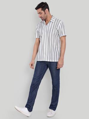 Stysure striped classic shirt, short sleeve grey & white alternating breton stripe cuban collar casual shirts 4